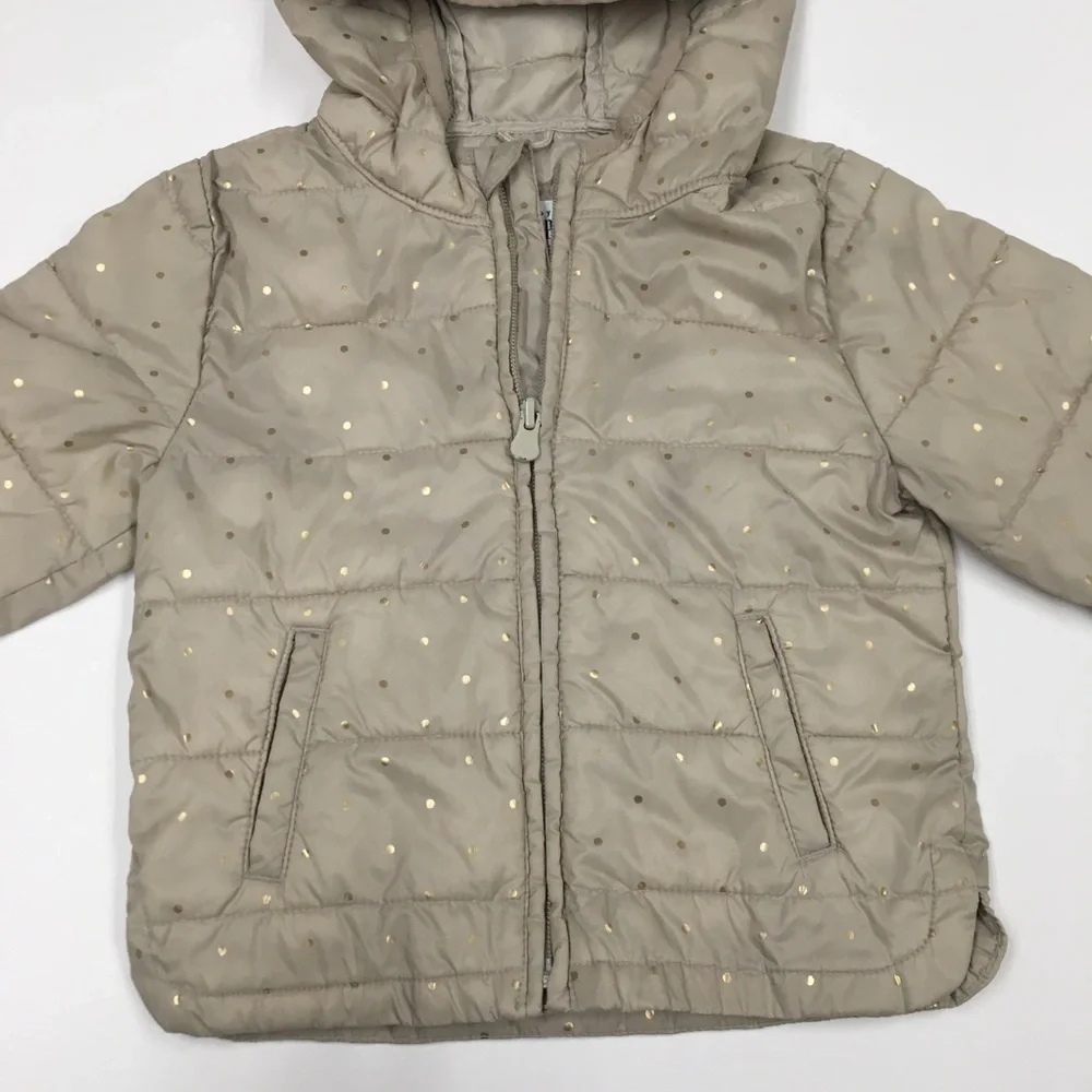 Gap Unicorn Puffer Rain Jacket 18-24 Months Tan Gold Polka Dot Water Resistant